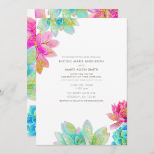 Bright Pink Teal Summer Garden Succulents Wedding  Invitation