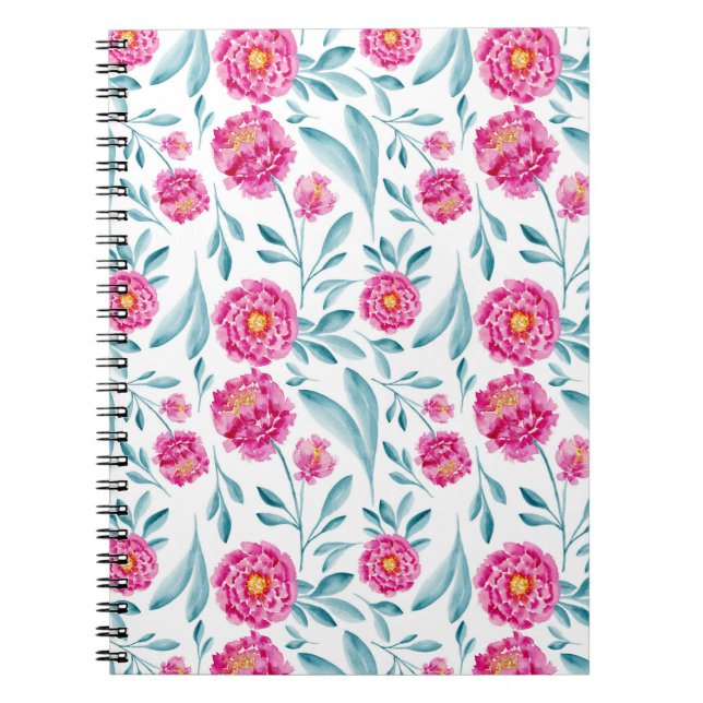 Bright Pink Teal Watercolor Summer Floral Pattern Notebook (Front)