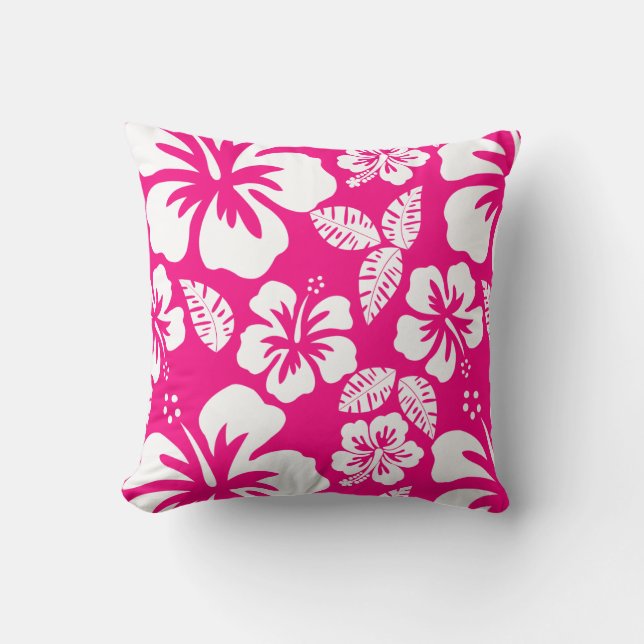Bright Pink Tropical Hibiscus Flowers Throw Pillow (Front)