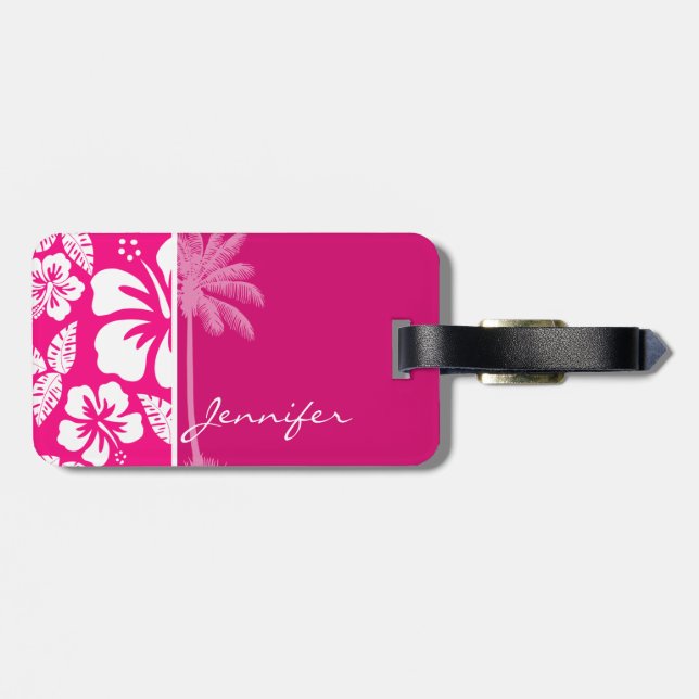 Bright Pink Tropical Hibiscus Luggage Tag (Back Horizontal)