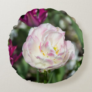 Bright pink tulips on a sunny day round pillow