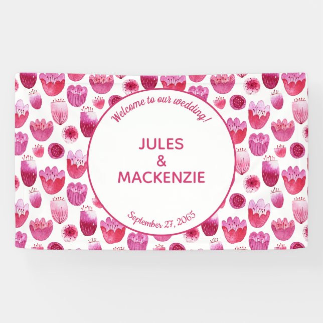 Bright Pink Watercolor Blossom Wedding Banner (Horizontal)