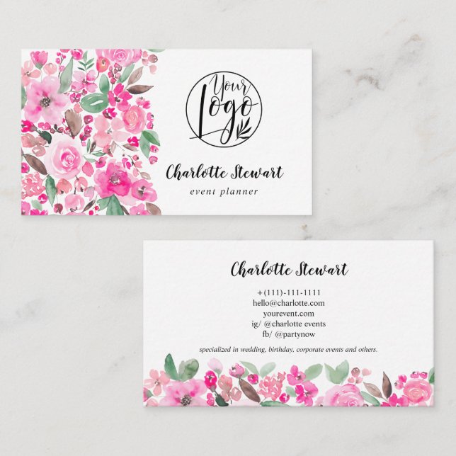 Bright pink watercolor event planner logo business card (Front/Back)