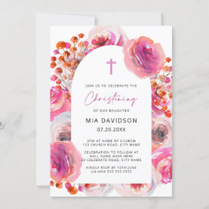 Bright Pink Watercolor Floral Arch Christening Inv Invitation