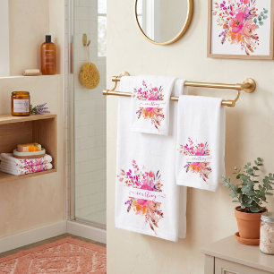 Bright pink watercolor floral personalized   bath towel set