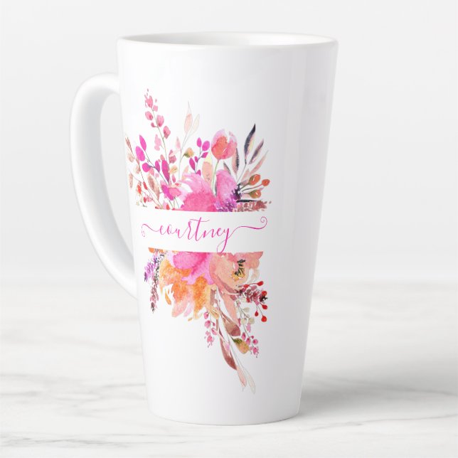 Bright pink watercolor floral personalized   latte mug (Left Angle)