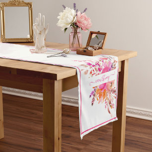 Bright pink watercolor floral personalized short table runner