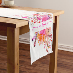 Bright pink watercolor floral personalized short table runner