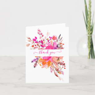 Bright pink watercolor floral personalized   thank you card