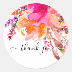 Bright pink watercolor floral thank you classic round sticker