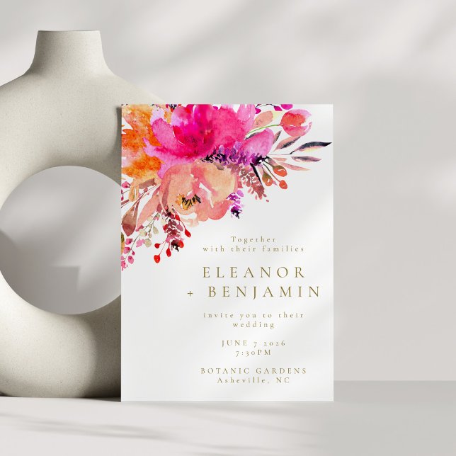Bright Pink Watercolor Floral Wedding White  Invitation (Creator Uploaded)