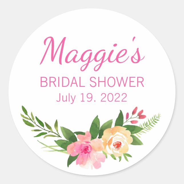 Bright Pink Watercolor Flowers Bridal Shower Classic Round Sticker (Front)