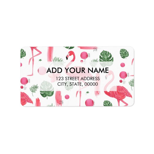 Bright pink watercolor tropical flamingo floral label (Front)