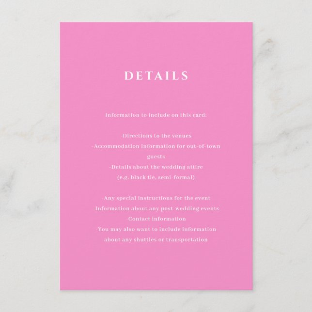 Bright Pink Wedding Details Enclosure Card (Front)