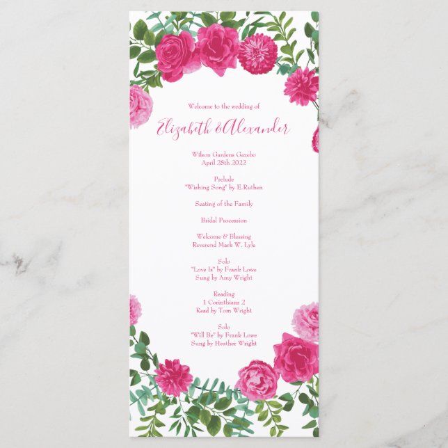 Bright Pink Wedding Roses Floral Modern Menu (Front)