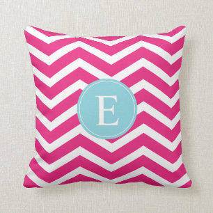 Bright Pink White Chevron Blue Monogram Throw Pillow