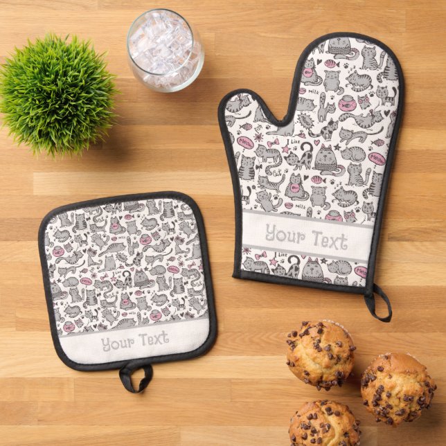 Bright Pink White Gray Cats and Kittens Pattern Oven Mitt & Pot Holder Set (Top Down)