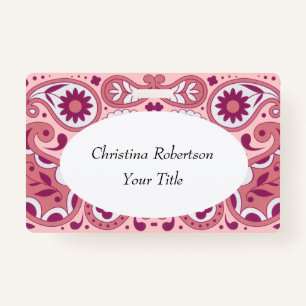 Bright Pink White Paisley Design Flowers Tear Drop Badge