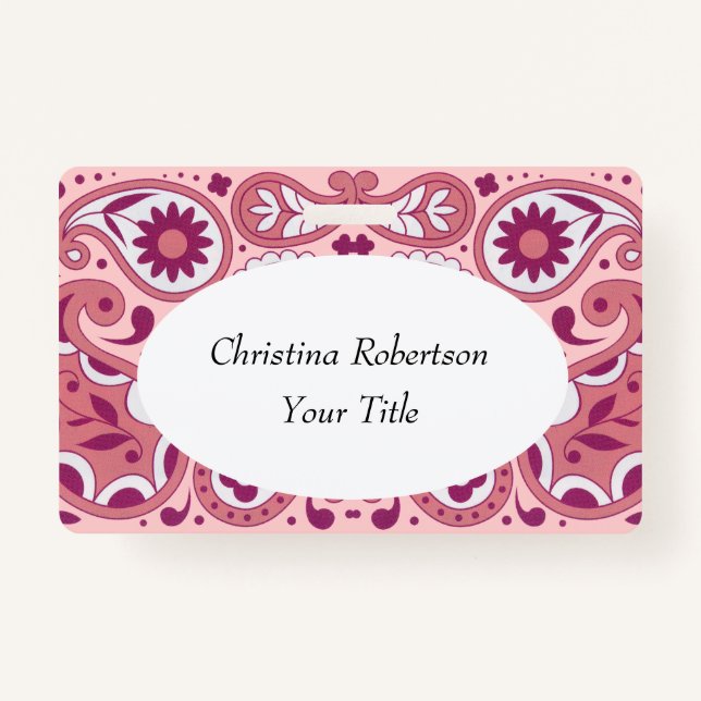 Bright Pink White Paisley Design Flowers Tear Drop Badge (Front)