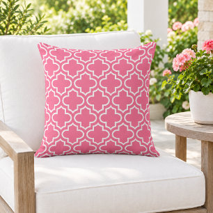 Bright Pink White Quatrefoil Trellis Outdoor Pillow