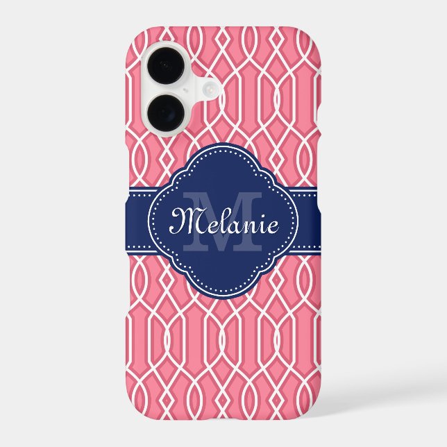 Bright Pink Wht Lattice Pattern Navy Monogram (Back)