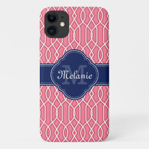 Bright Pink Wht Lattice Pattern Navy Monogram iPhone 11 Case