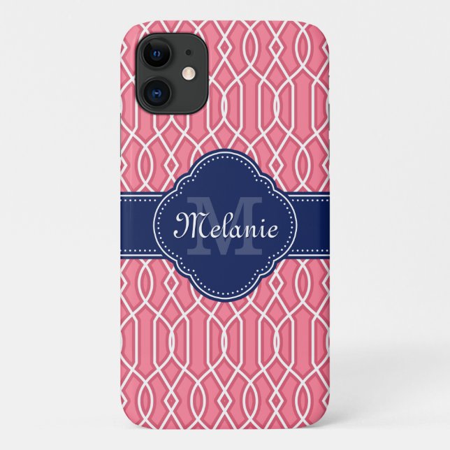 Bright Pink Wht Lattice Pattern Navy Monogram Case-Mate iPhone Case (Back)