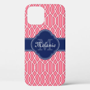 Bright Pink Wht Lattice Pattern Navy Monogram iPhone 12 Case