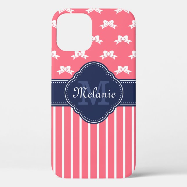 Bright Pink Wht Ribbon Pattern Navy Monogram Case-Mate iPhone Case (Back)