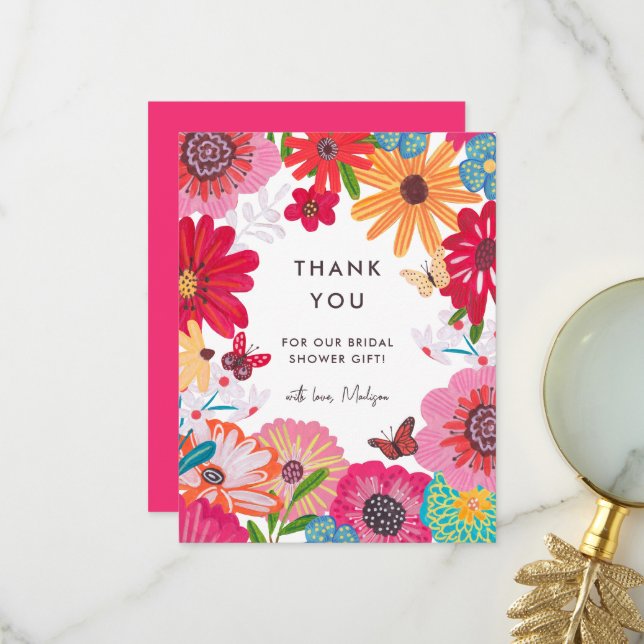 Bright Pink Wildflower Bridal Shower Thank You Card (Front/Back In Situ)