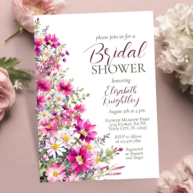 Bright Pink Wildflowers Floral Boho Bridal Shower Invitation (Creator Uploaded)