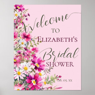 Bright Pink Wildflowers Floral Script Welcome Sign