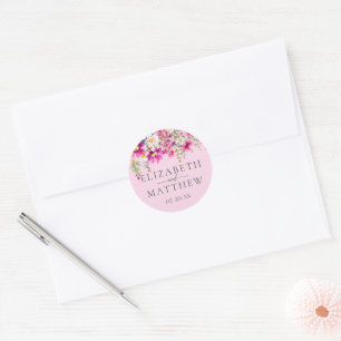 Bright Pink Wildflowers Floral Wedding Names Classic Round Sticker