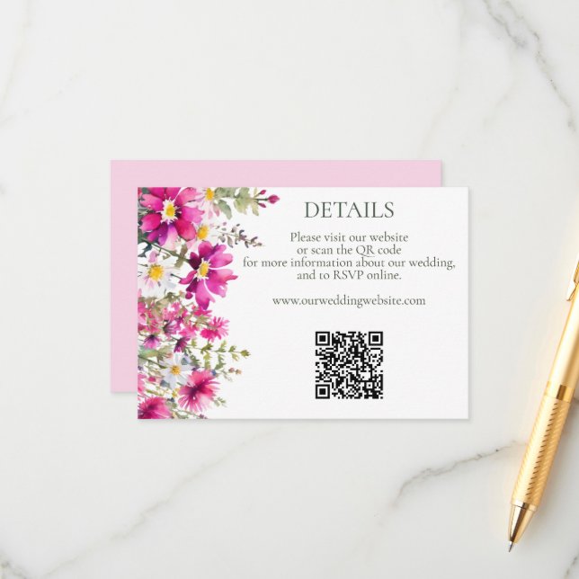 Bright Pink Wildflowers QR Code Wedding Details Enclosure Card (Front/Back In Situ)