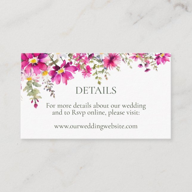 Bright Pink Wildflowers Wedding Details Website Enclosure Card (Front)