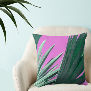 Bright Pink with Green Palm Fronds Throw Pillow