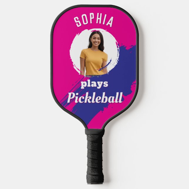 Bright Pink with Photo and Name Personalized Pickleball Paddle (Front)
