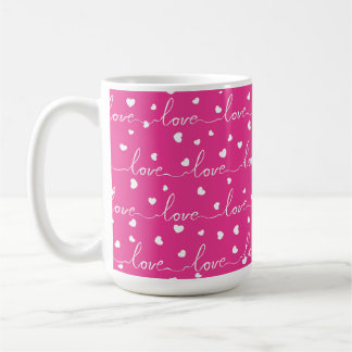 BRIGHT PINK WITH WHITE SCRIPTED LOVE WITH HEARTS COFFEE MUG