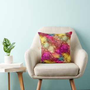 Bright Pink Yellow and Teal Fluid Marble Throw Pillow