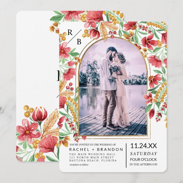 Bright Pink Yellow Floral Arch Photo Wedding Invitation (Front/Back)