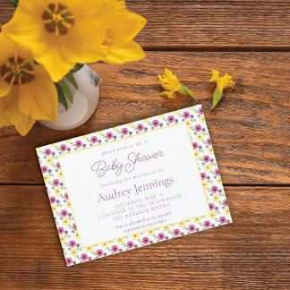 Bright Pink Yellow Purple Floral Baby Girl Shower Invitation