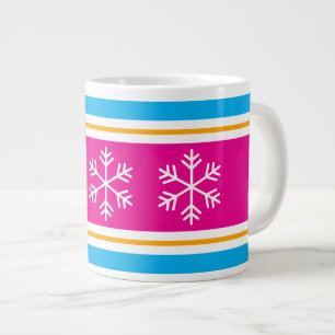 Bright Pink Yellow White Blue Stripes Snowflakes Large Coffee Mug