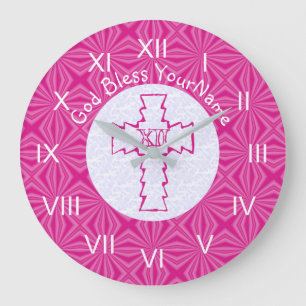 Bright Pink Zig Zag Cross on Hot Pink and White Large Clock