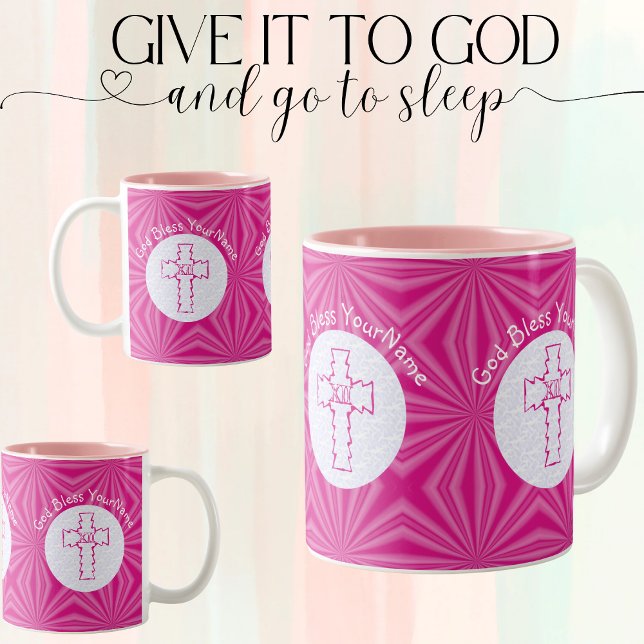 Bright Pink Zig Zag Cross White Hot Pink Personal Two-Tone Coffee Mug (Creator Uploaded)