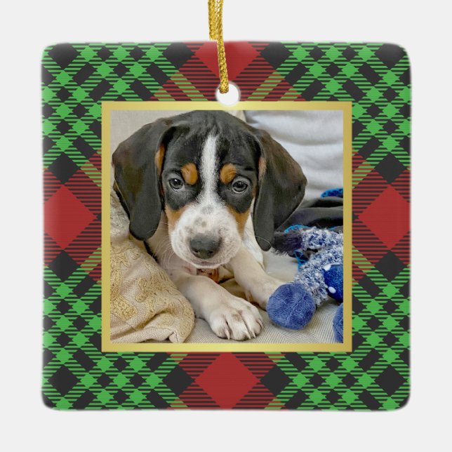 Bright Plaid Pet Photo First Christmas Ceramic Ornament (Front)