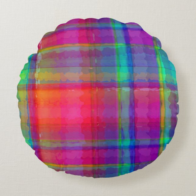 Bright Plaid Round Pillow (Front)