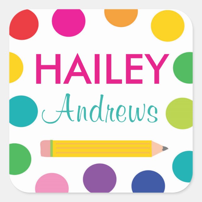 Bright Polka Dot Pencil School Labels (Front)