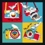 Bright poster in the style of pop art with image o<br><div class="desc">Bright poster in the style of pop art with image of a camera and birds on colour background. illustration.
photography, art, pop, camera, photograph, bird, nature, vintage, graphic design, illustration, decor, travel, beauty, graphic, background, sketch, wing, bright, old, vintage, illustration, retro, </div>