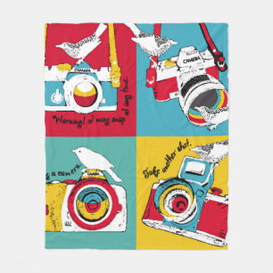 Bright poster in the style of pop art with image o fleece blanket