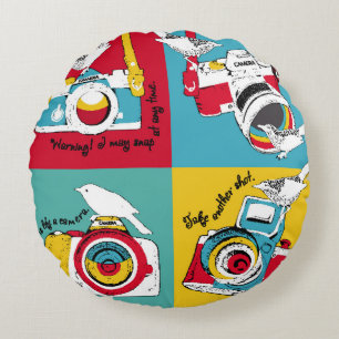 Bright poster in the style of pop art with image o round pillow